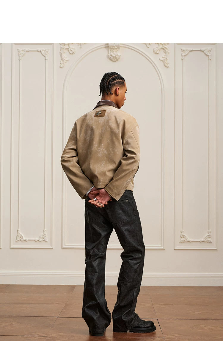 YADcrew Real Sheepskin Collar Pleated Velvet Leather Lapel Jacket