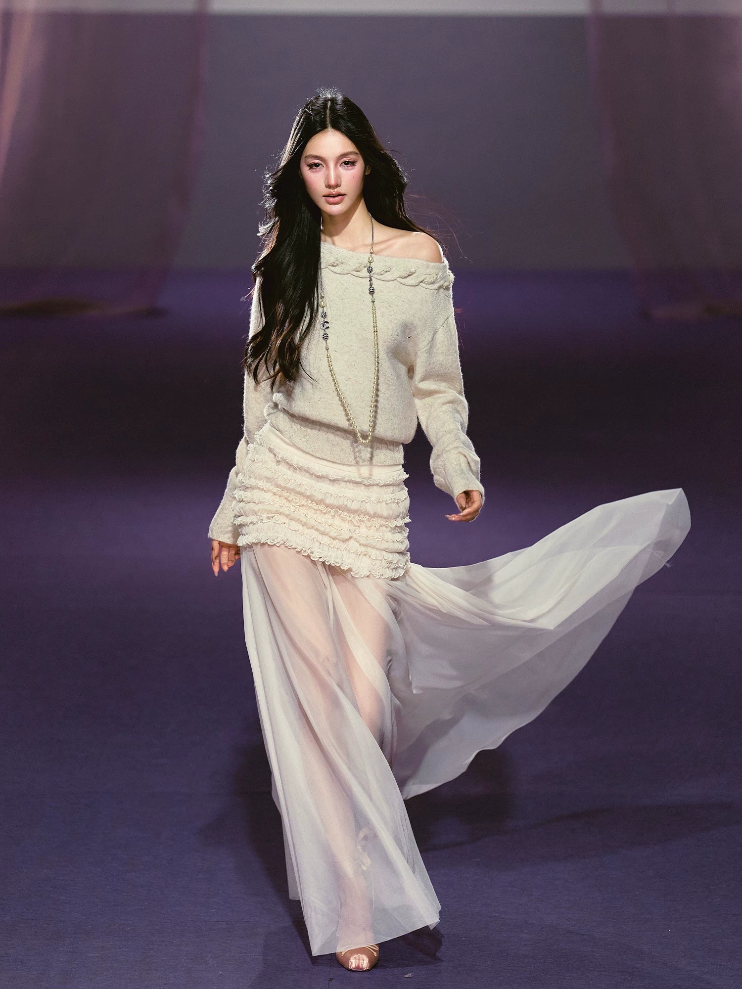 AGAM Three-dimensional Pleated Mesh Stitching Semi-transparent Long Skirt