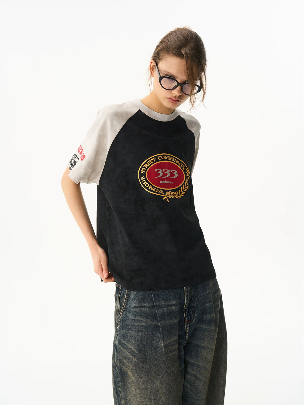 BLINDNOPLAN Stitching Contrasting Color Raglar Sleeve Casual Tee