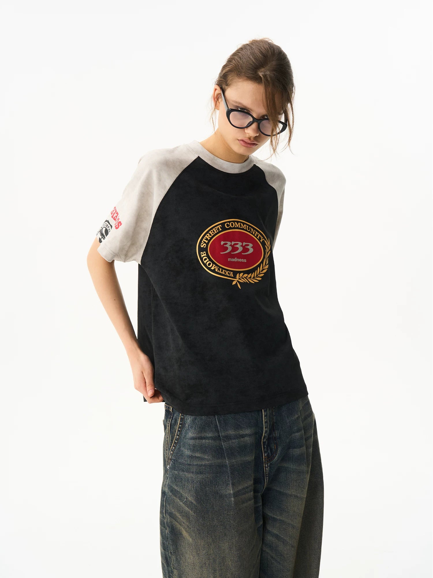 BLINDNOPLAN Stitching Contrasting Color Raglar Sleeve Casual Tee