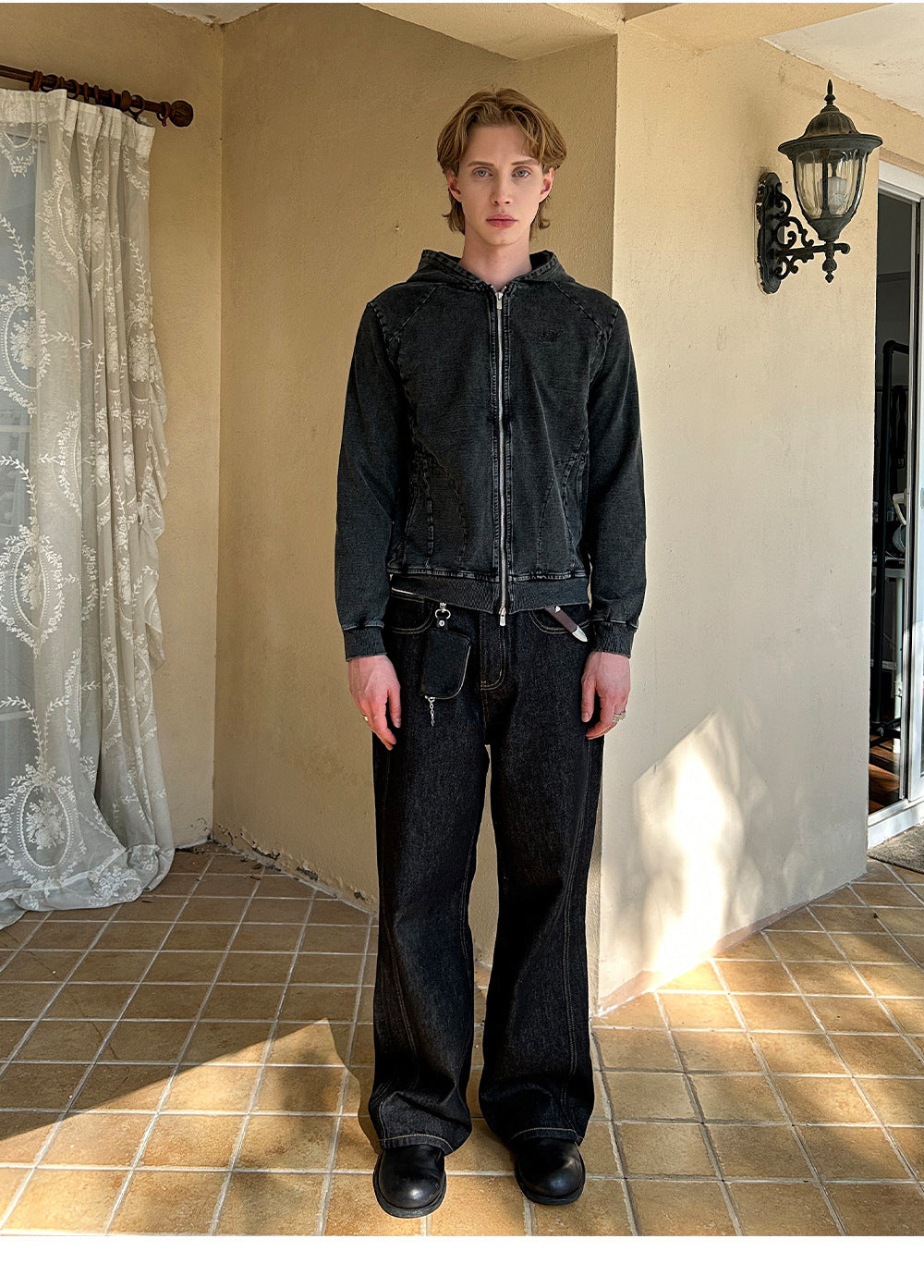 EME Embroidered Alphabet Ninja Hooded Slim-Fit Denim Sweater