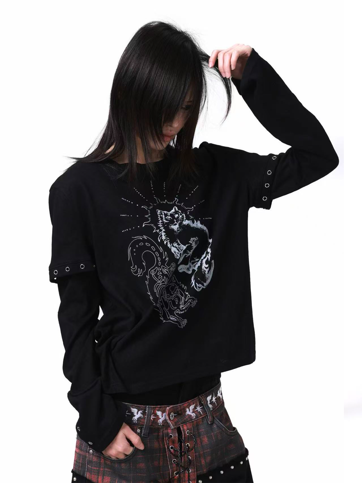 DETW Fake Two Pieces Micro-elastic Thin Metal Embellished Long Sleeves