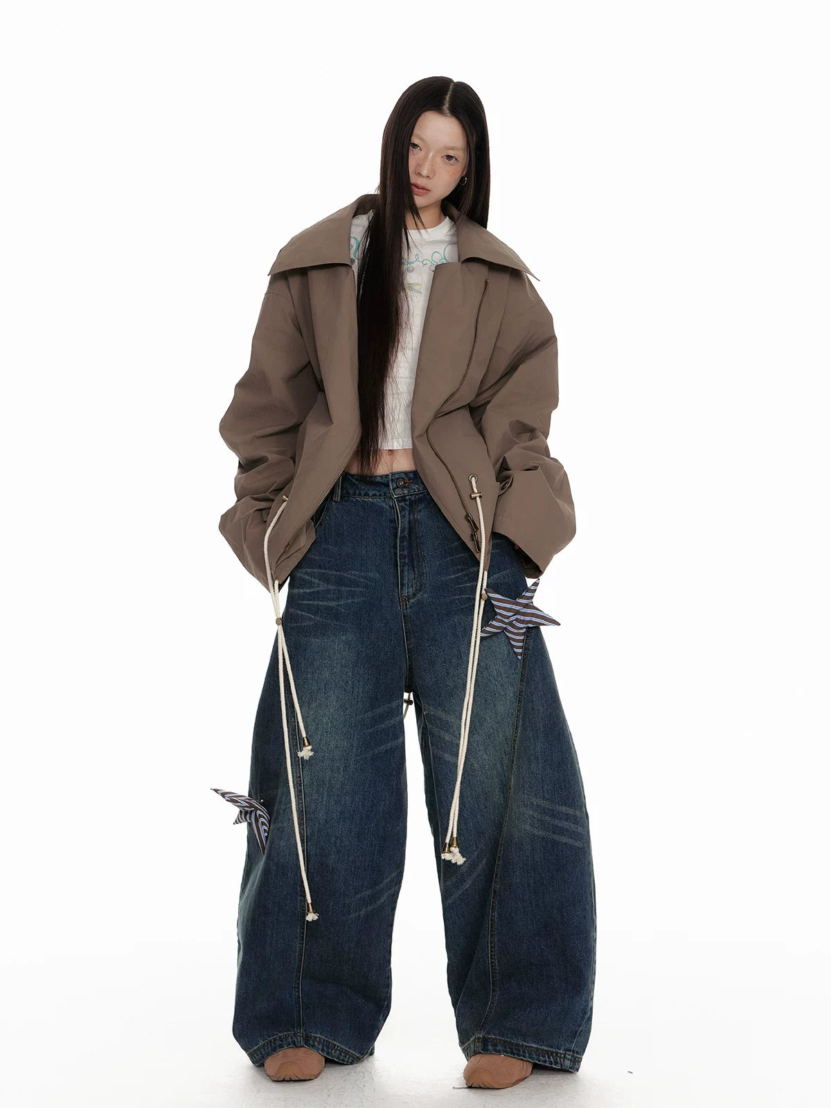 Jikoo Star Patch Straight Wide Leg Tooling Jeans