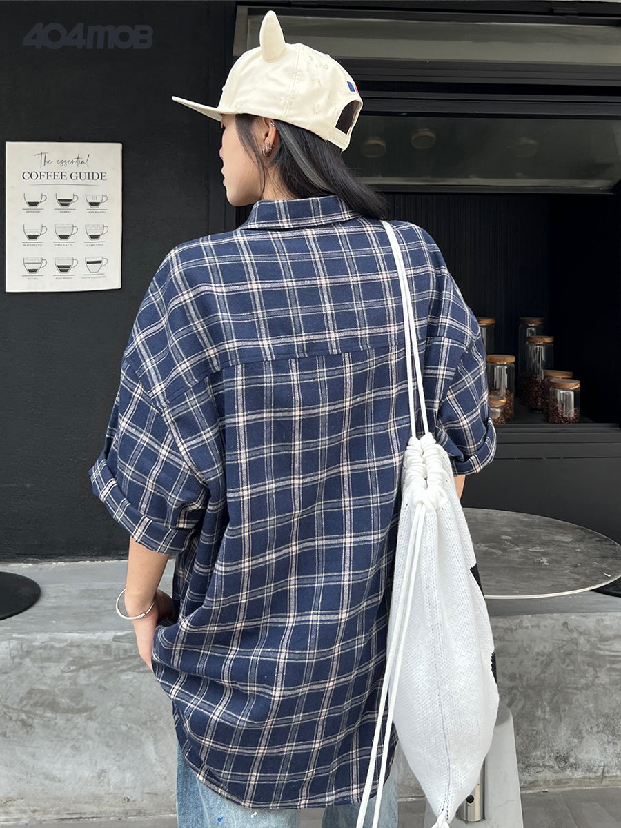 404MOB contrasting color polished embroidery short-sleeved plaid shirt