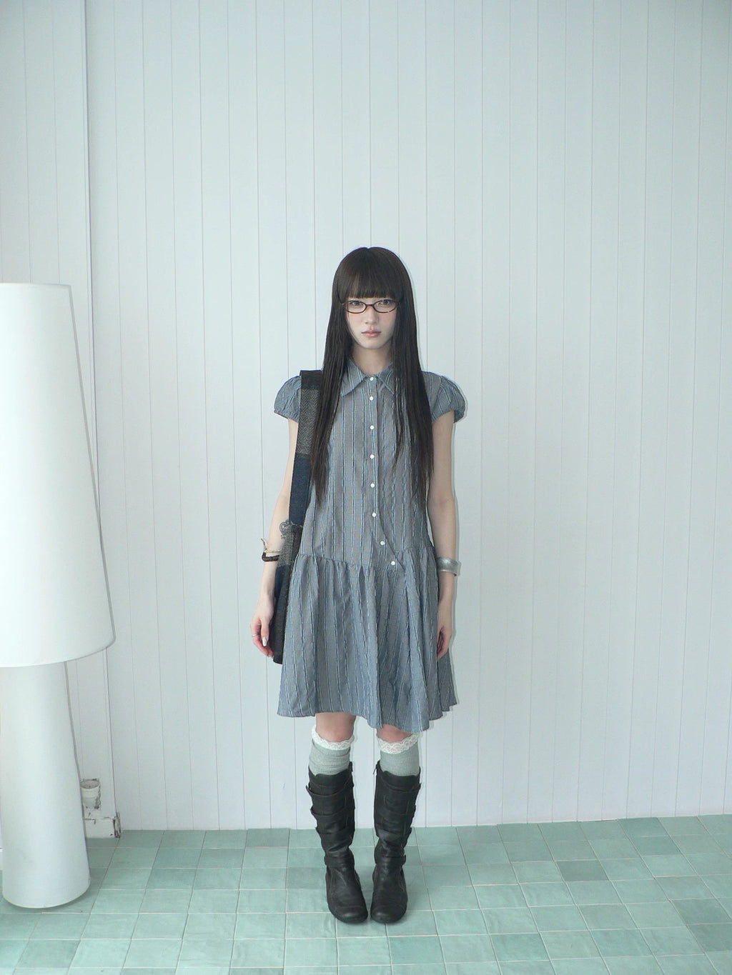 Ang: Project Vertical Striped Bubble Sleeve Lapel Dress