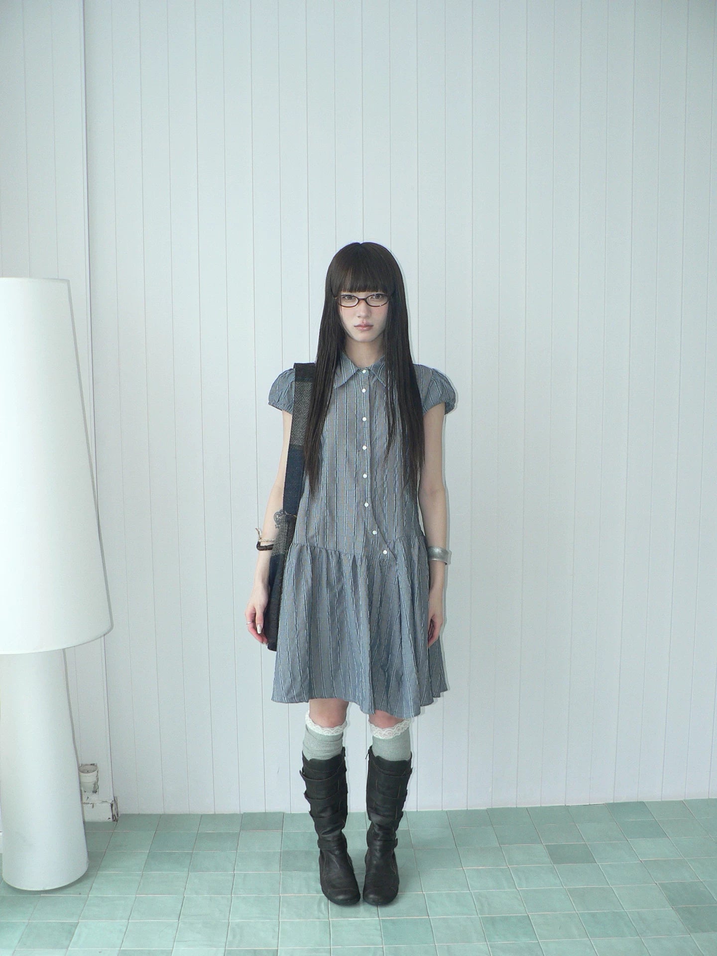 Ang: Project Vertical Striped Bubble Sleeve Lapel Dress