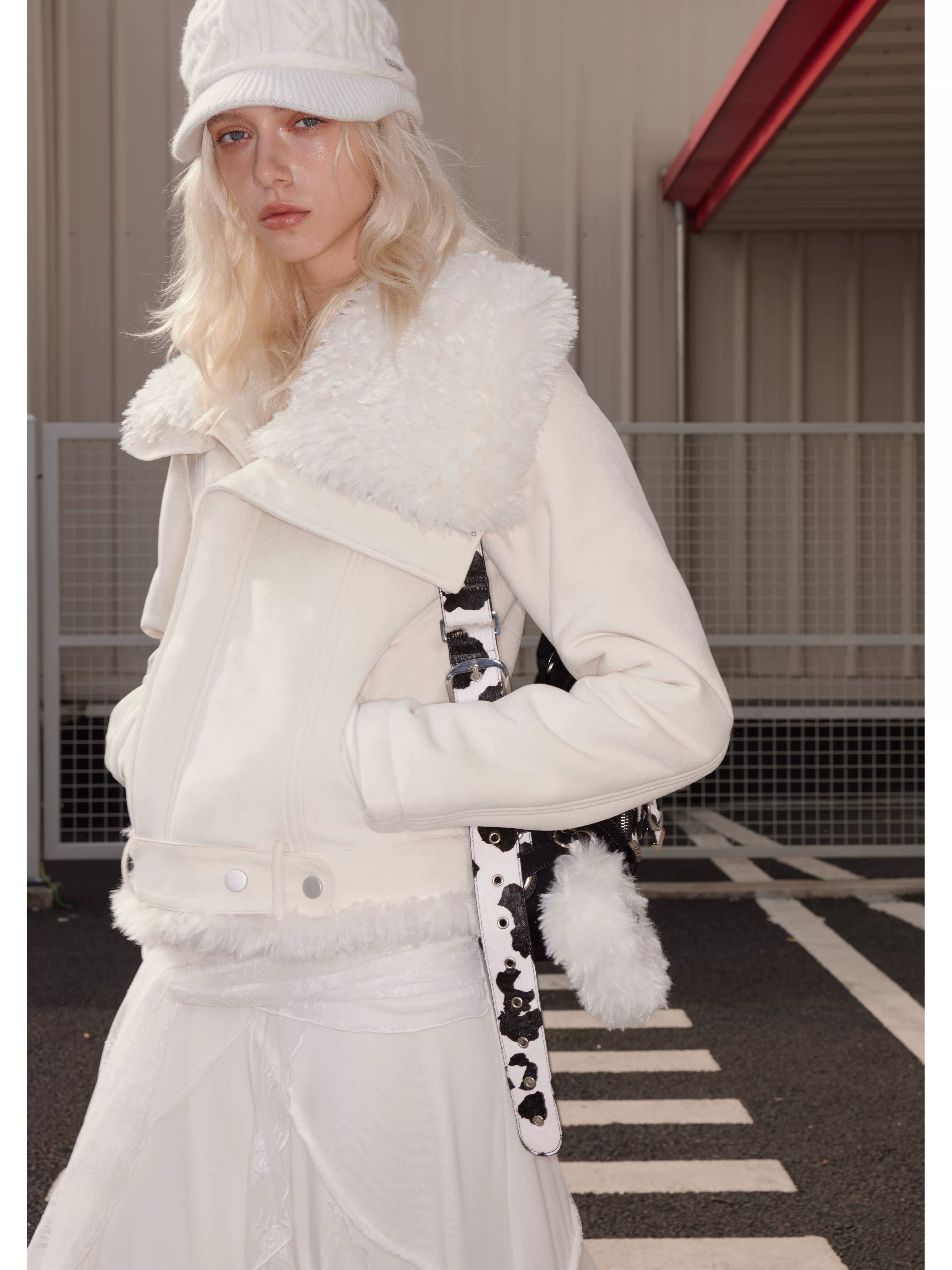 2th Desire Asymmetrical Plush Lapel Plush Thickened Short Jacket