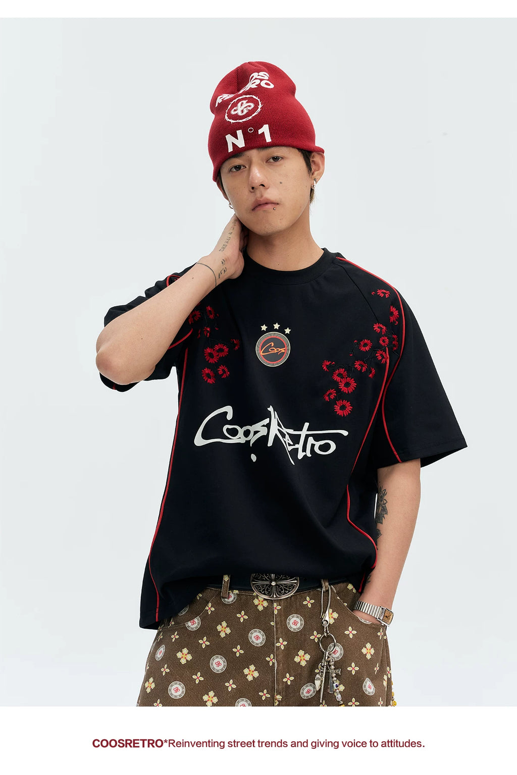 CoosRetro Retro Plum Blossom Embroidery Cool Loose Tee