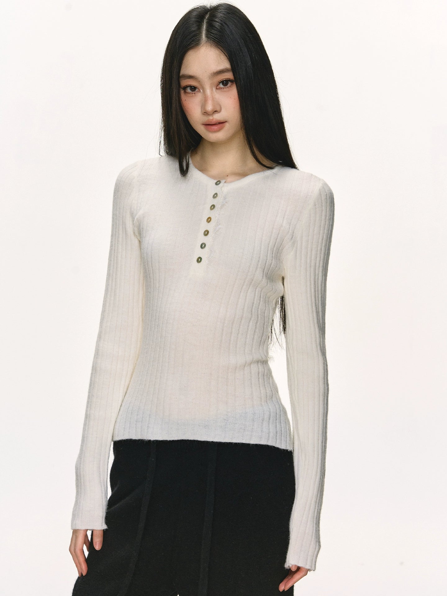 Anna Aneae Henry Collar Knitted Inner Bottom Slim Sleeve