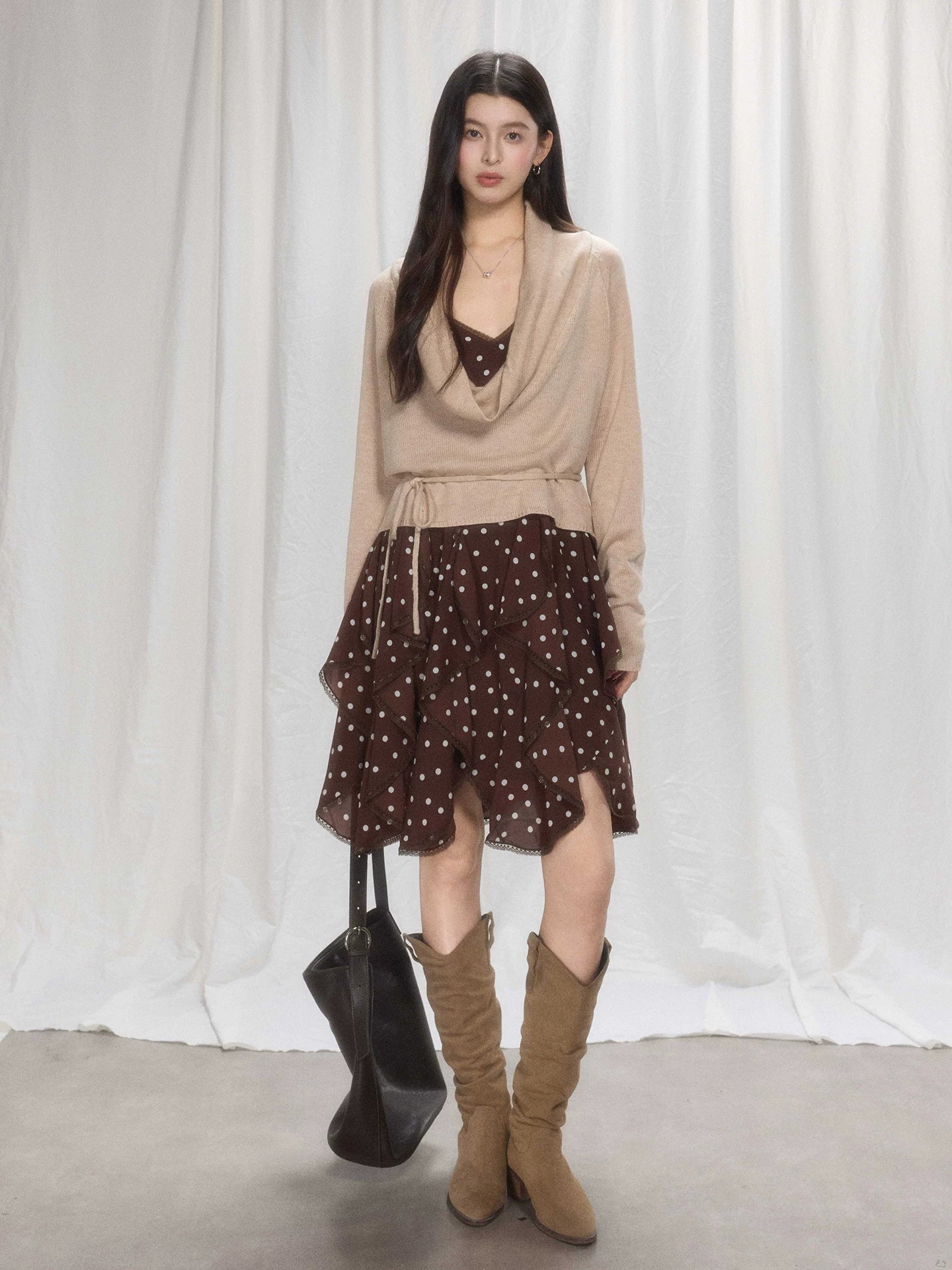 TYANG Retro Polka Dot Irregular Suspender Skirt