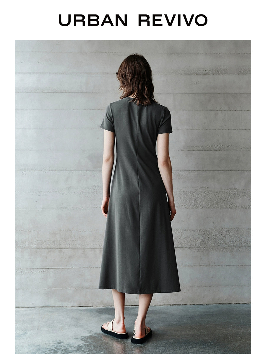 URBAN REVIVO Pleated Slit Slim Short Sleeve Dress