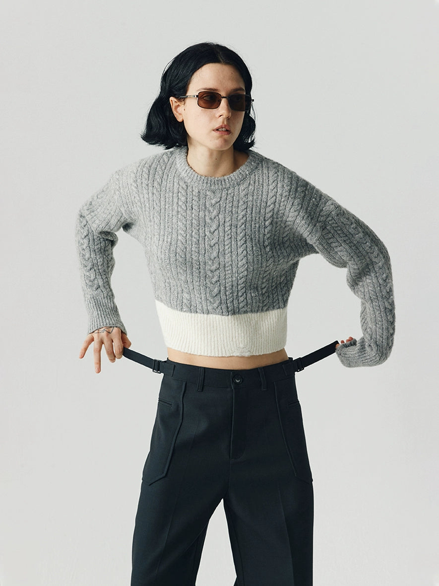 LIMPIDOCULUS Contrasting Color Retro Twisted Waist Crew Neck Sweater