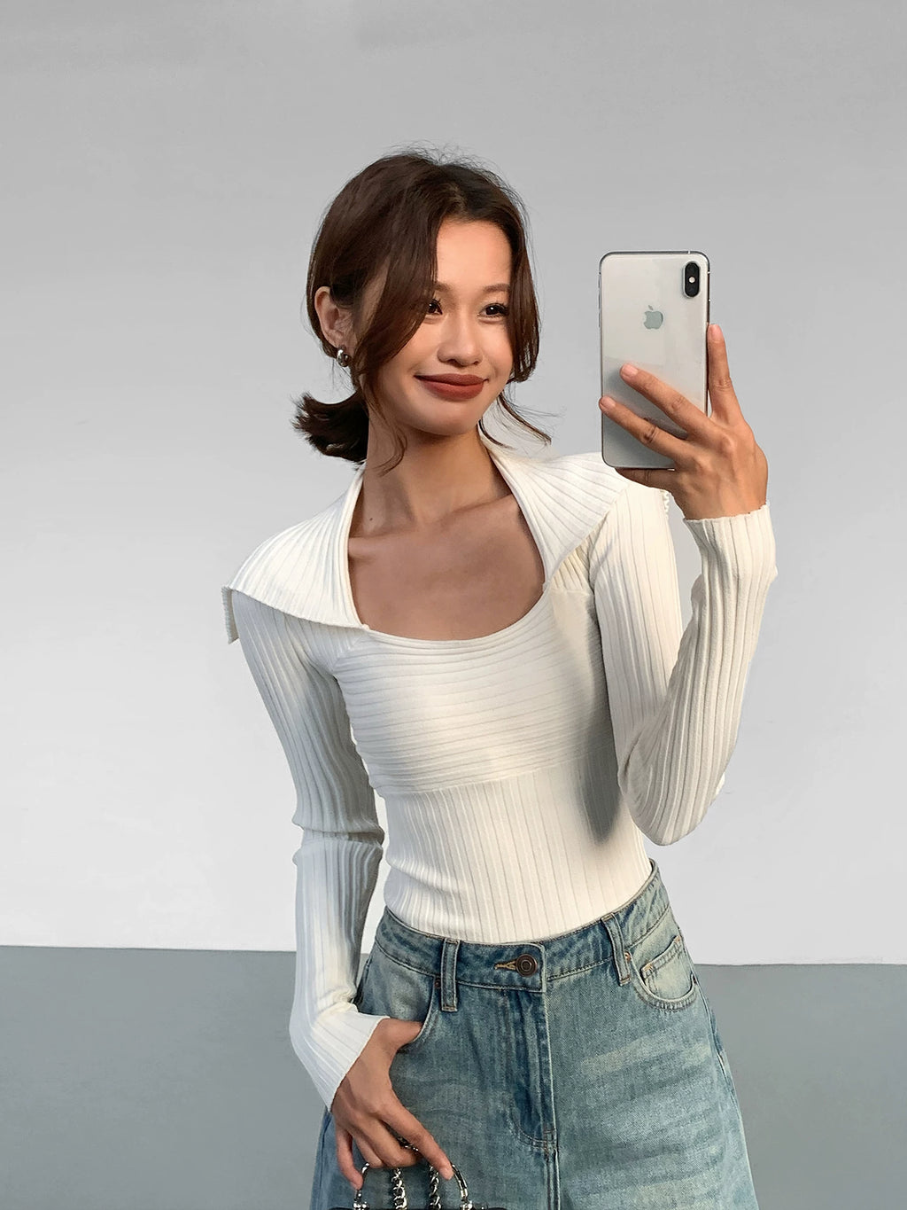 OUSPH Lapel Slim Knit Long Sleeves