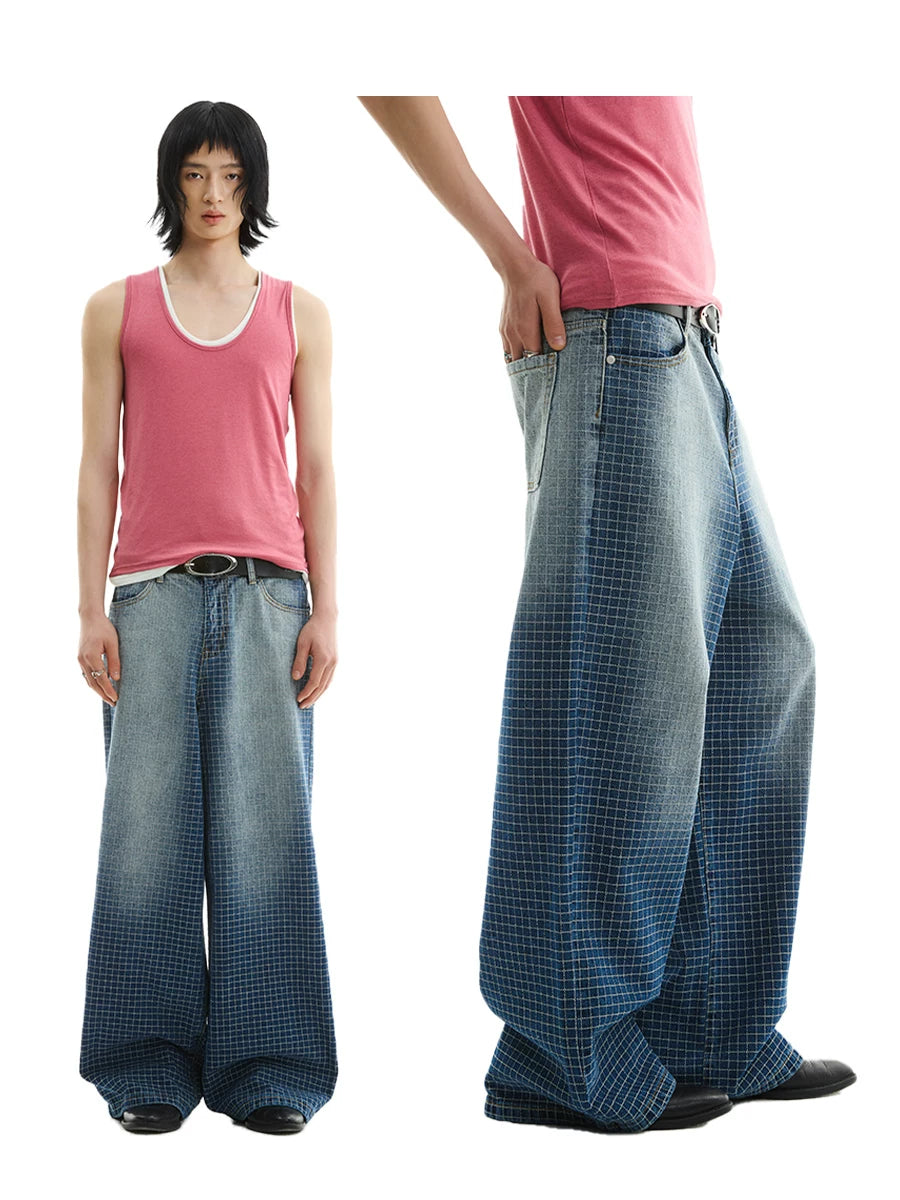 FUNKYFUN Embroidered Plaid Loose Gradual Change Straight Jeans