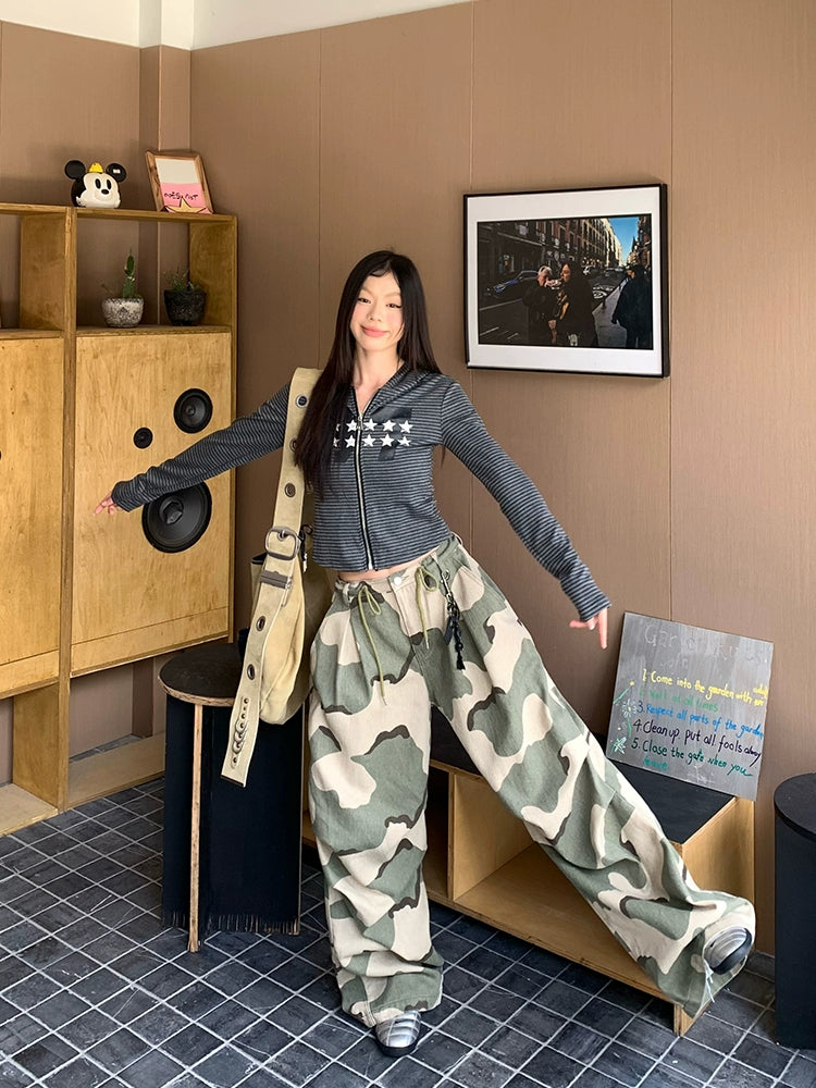 EAHO Vintage Striped Star Zip Hooded Cardigan