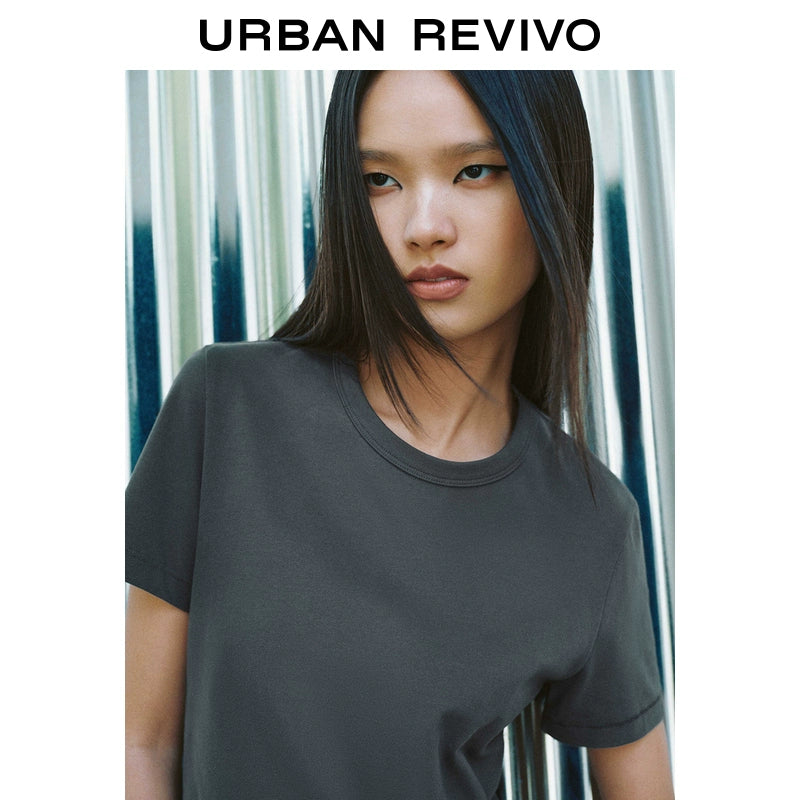 URBAN REVIVO Simple Basic Solid Color Cotton Round Neck Tee