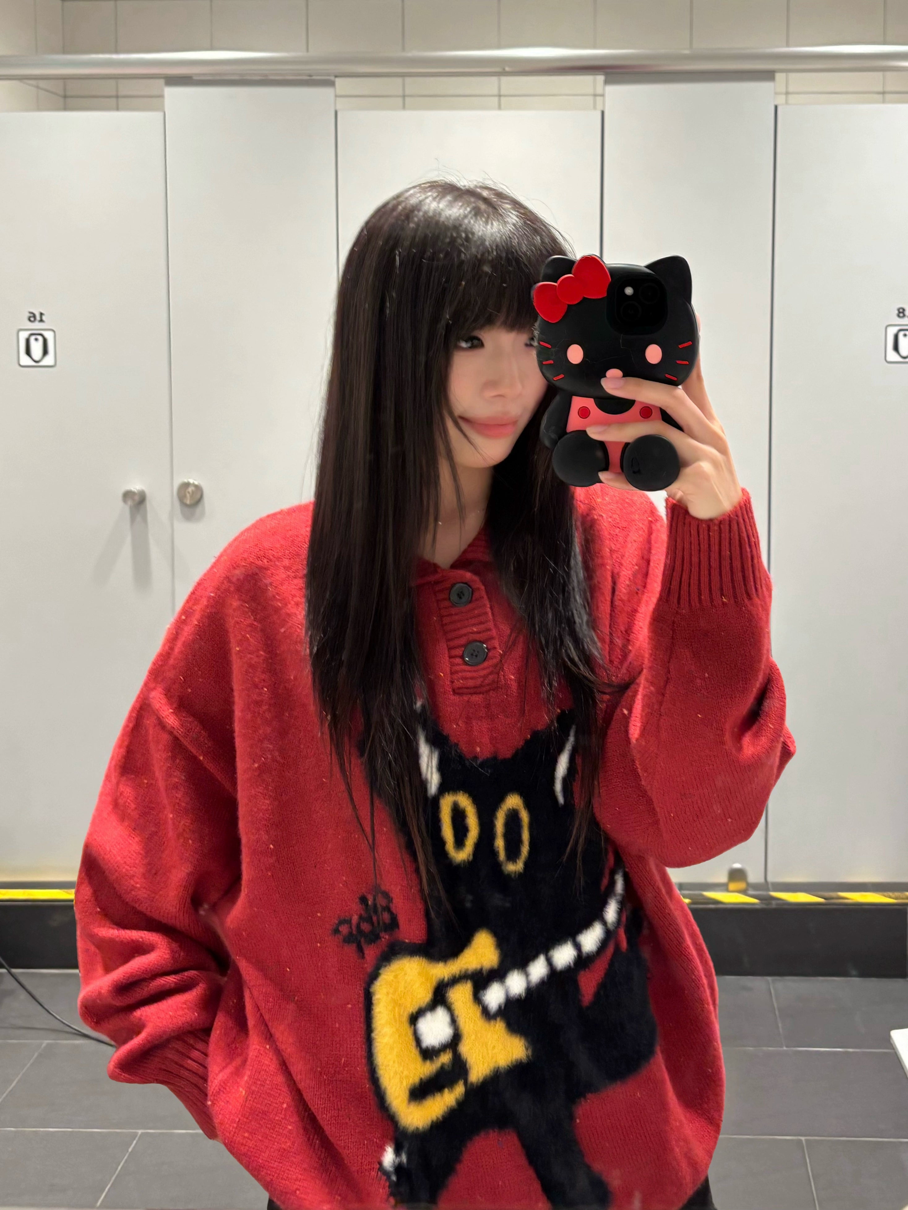 BF. BORFEND Vintage Fun Cat Jacquard Polo Collar Sweater