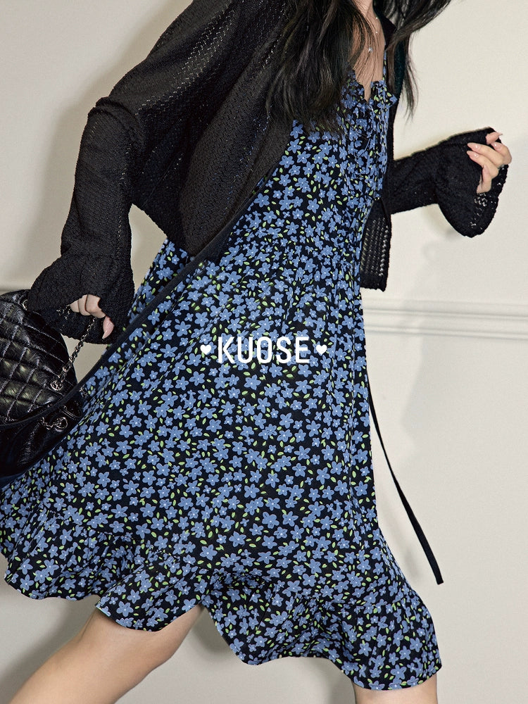 Kuose Floral Suspender Skirt Knitted Cardigan Two-piece Set