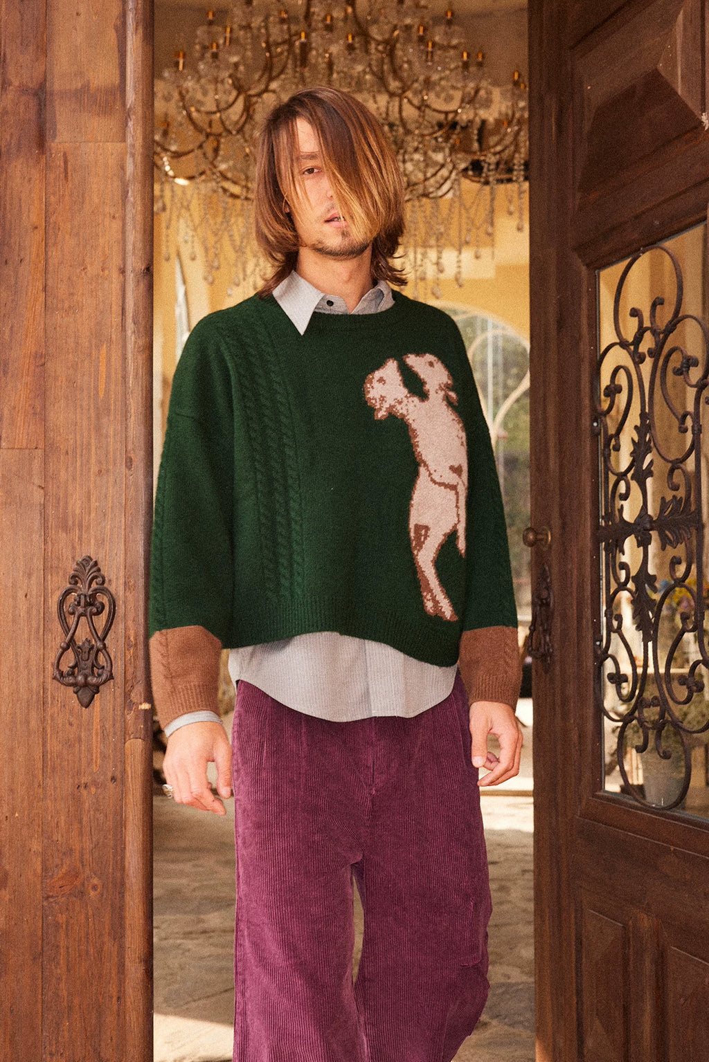 RICHILL Forest Green One-Piece Sheep Print Crew Neck Sweater