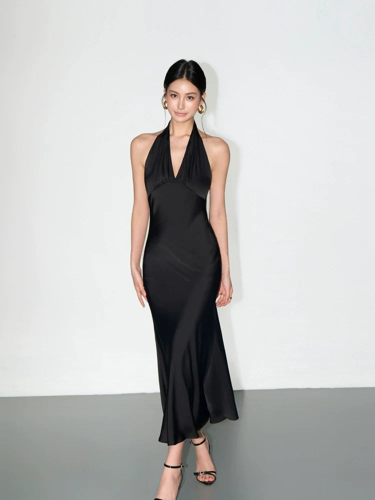 NEVA HU Satin V-neck Neck Dress