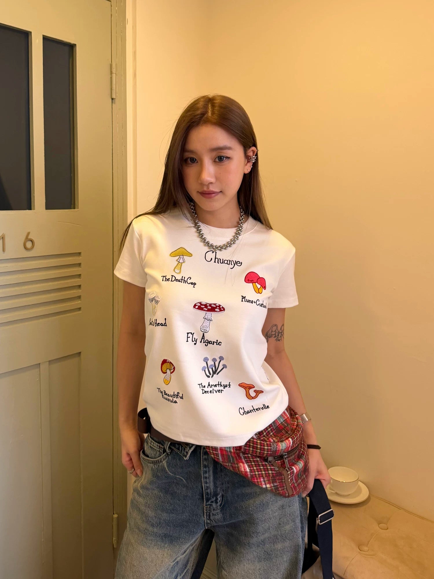 CCYE Mushroom Embroidery Front Shoulder Skinny Tee