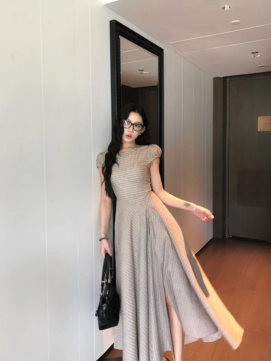 YOUNG KYLIN Retro Striped A-word Waist Dress