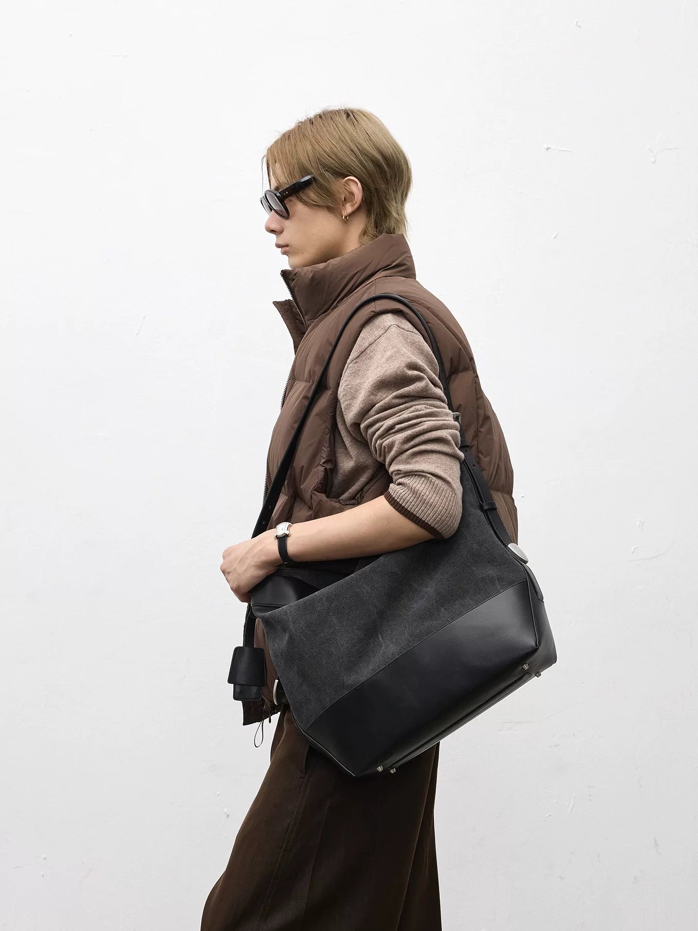 TERRAINCOGNITA Leather Stitching Large Capacity Canvas Tote Bag