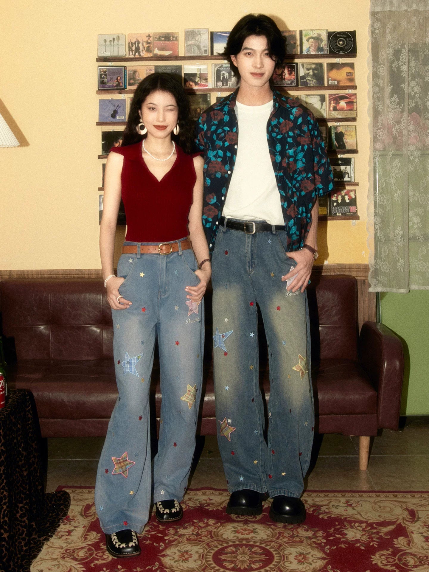 ALOHA Vintage Star Embroidery Patch Embroidery Couple Jeans