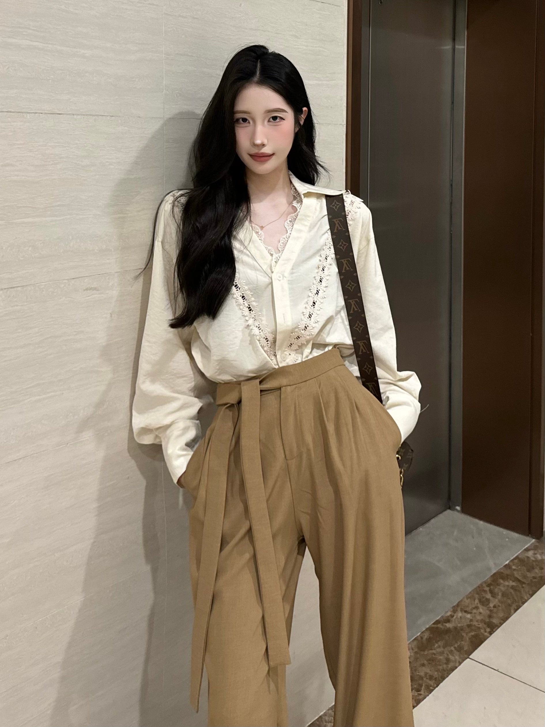 PANPANSTUDIO Simple Linen Old Money Style Shirt Wide Leg Pants Set