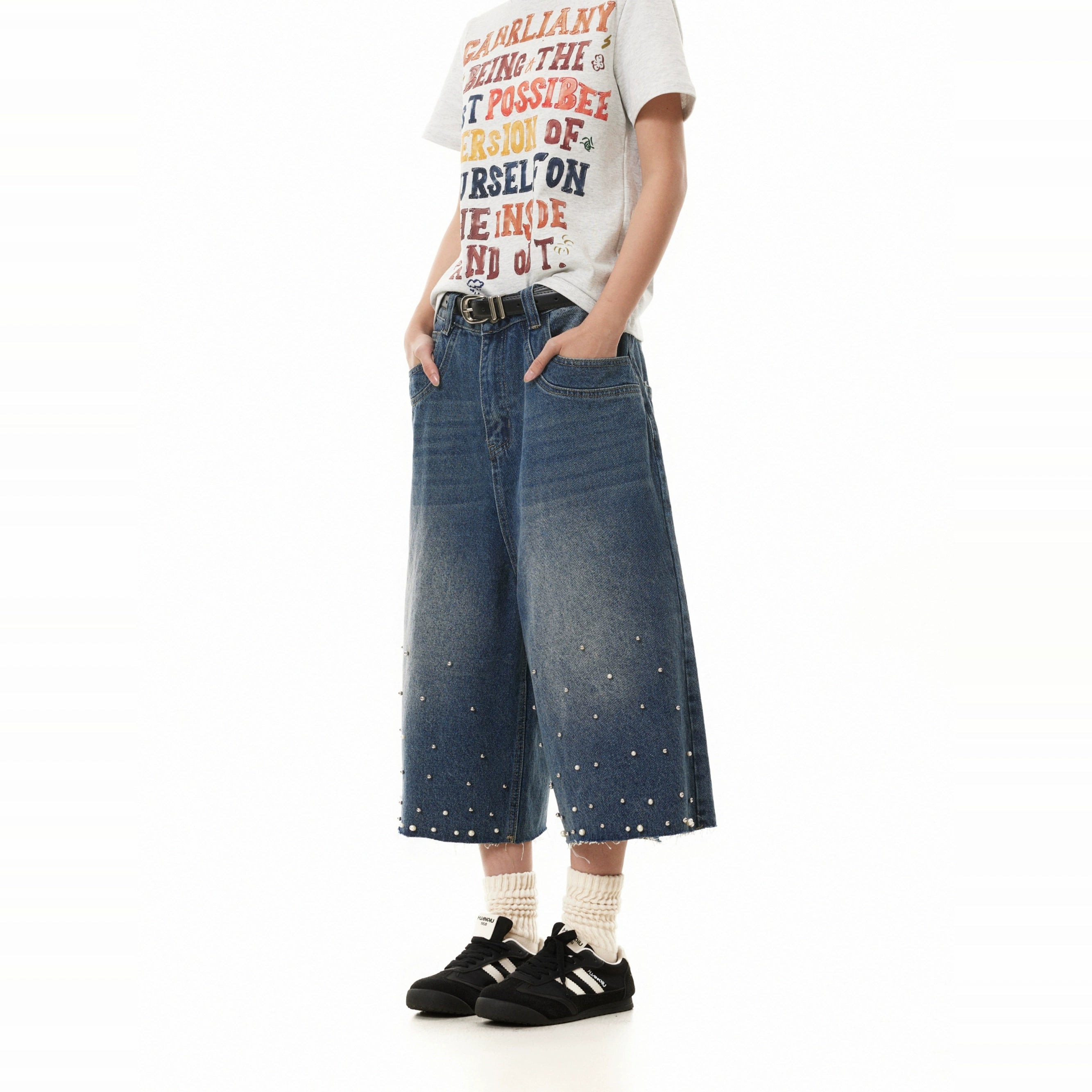 BTSG Pearl Vintage Loose Wide Leg Denim Shorts