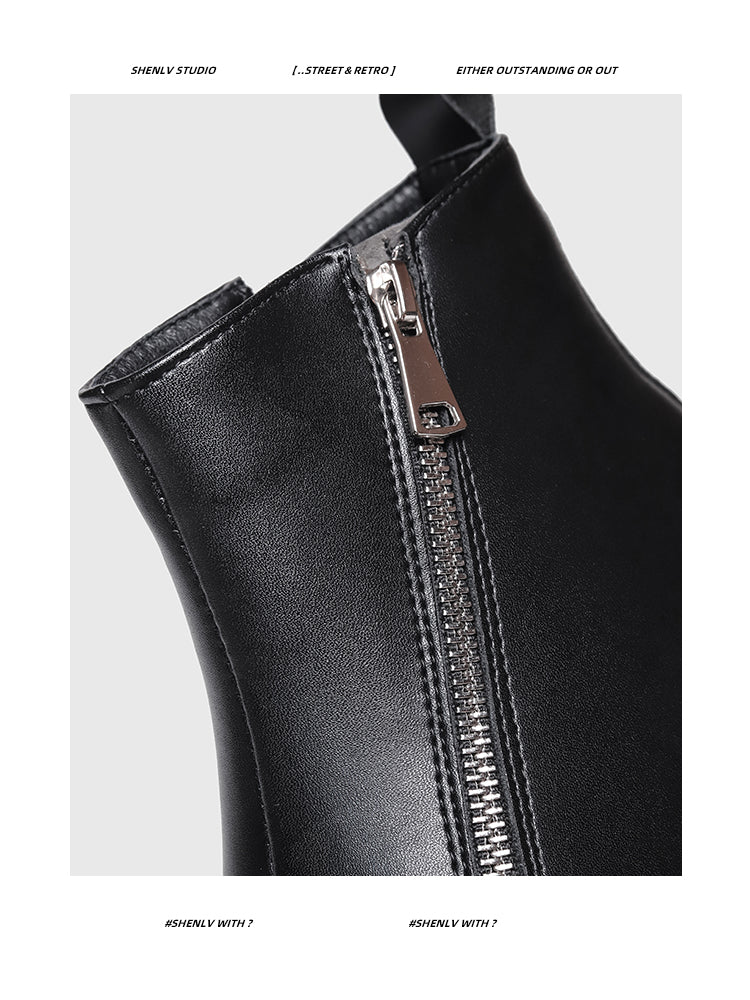 SHENLV StuIO Double Zipper Short Boots Yuppie High-top Leather Shoes