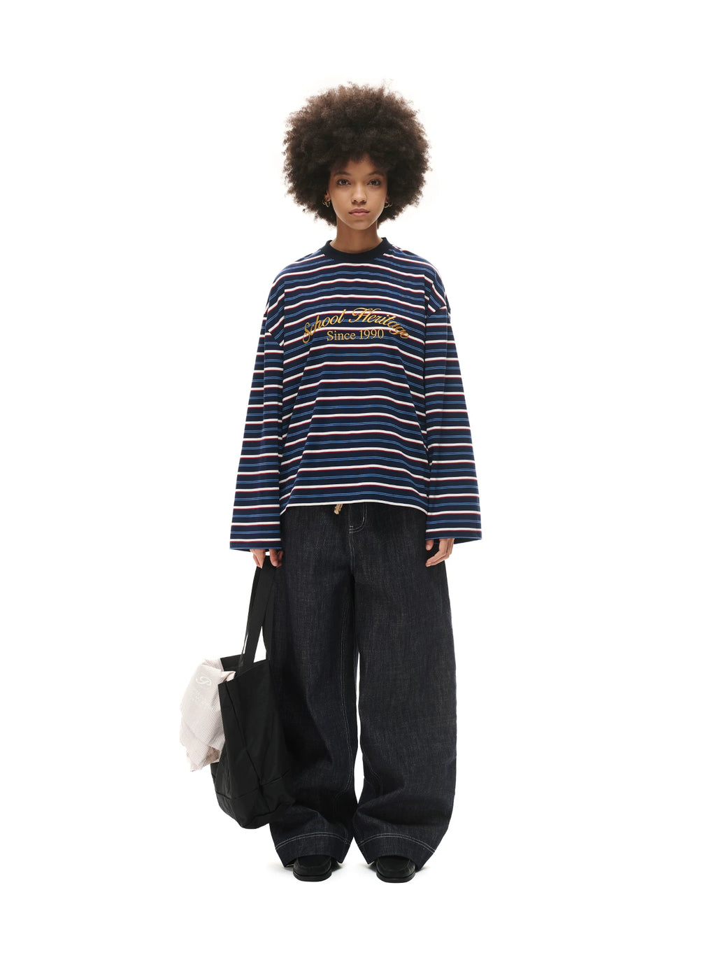 Loopsoon Striped Chest Contrast Print Crew Neck Long Sleeve