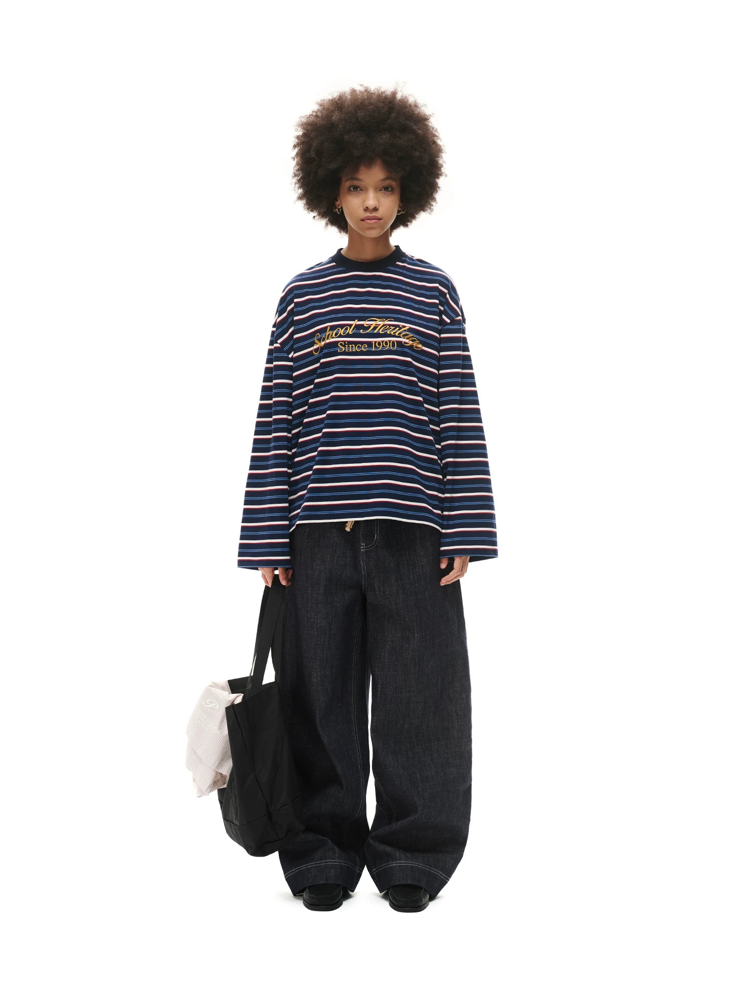 Loopsoon Striped Chest Contrast Print Crew Neck Long Sleeve