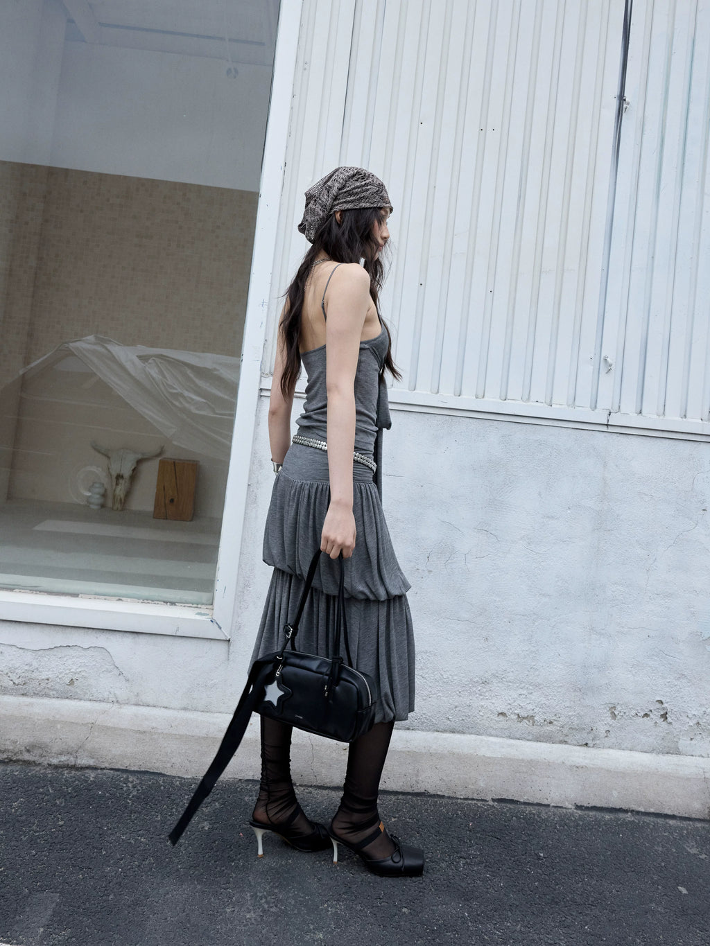 JNYLON Vintage Pleated Versatile Knit Camisole Midi Skirt Set