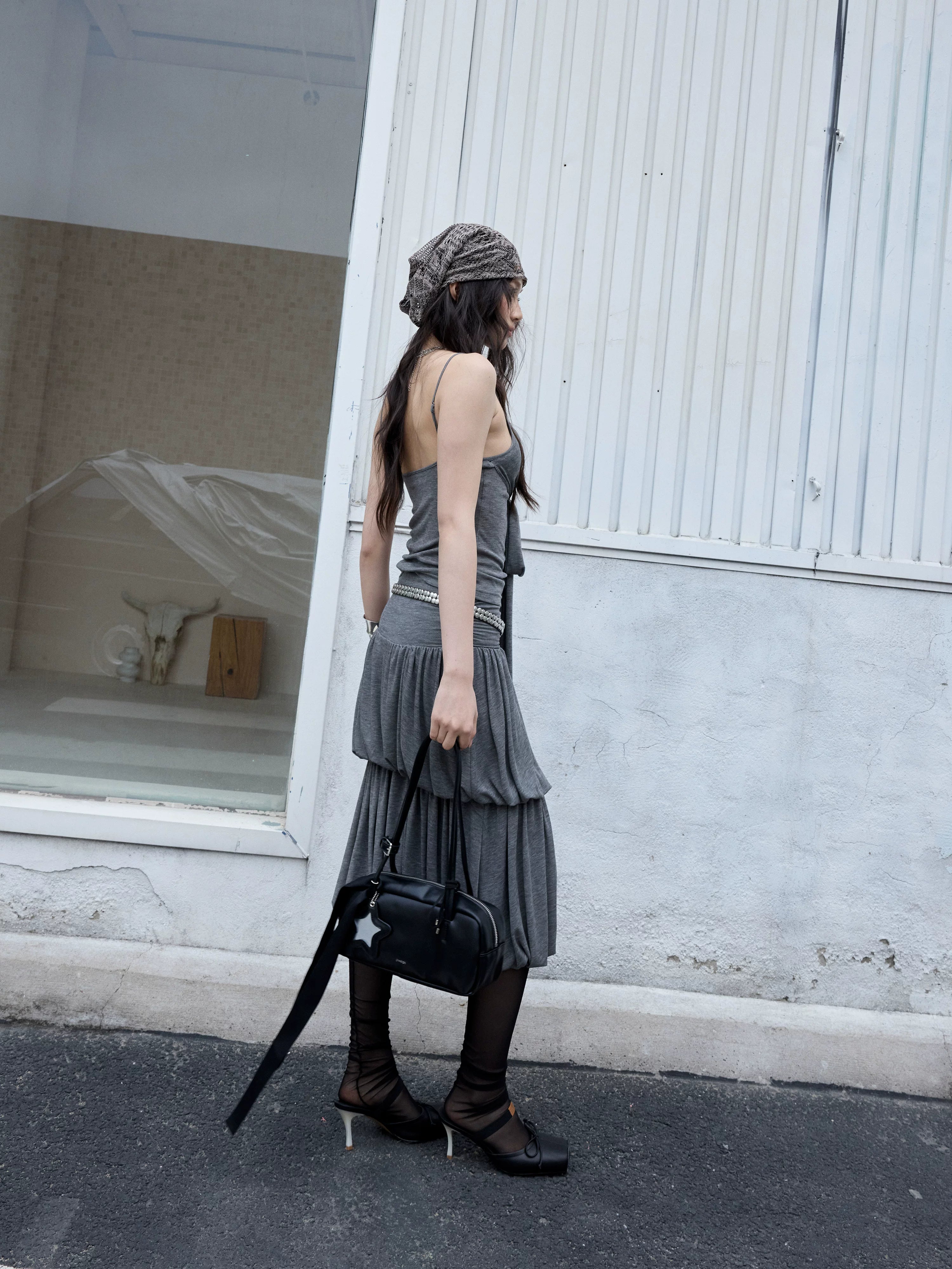 JNYLON Vintage Pleated Versatile Knit Camisole Midi Skirt Set