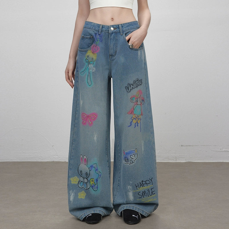 UNIFREE Long Sleeve Slash Shoulder Printed Chain Wide Leg Straight Floor Mopping Jeans