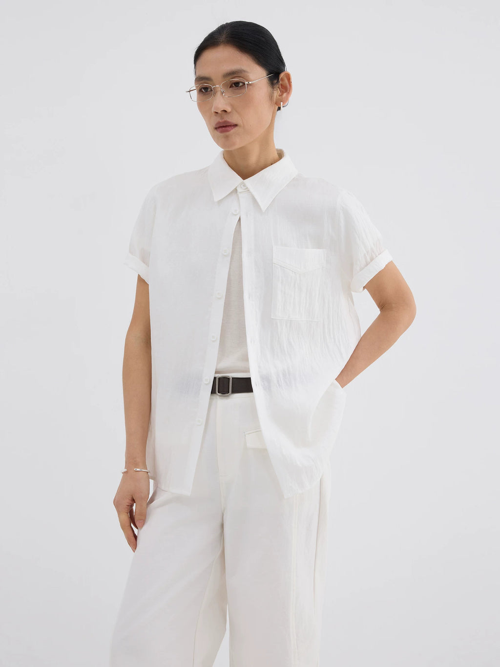 Sameuoo Detachable Collar Casual Short-sleeved Shirt