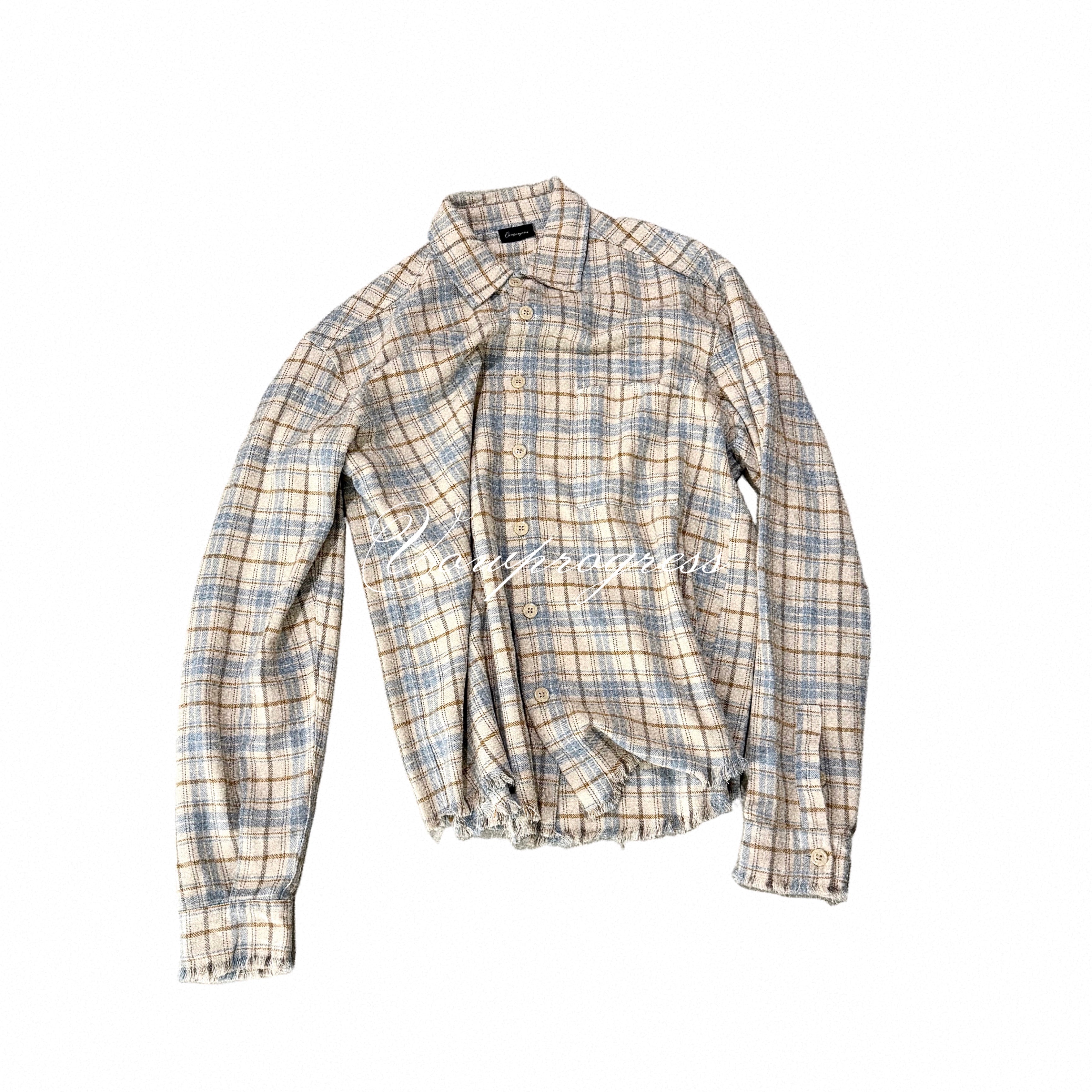 VOWPROGRESS Flannel Fringed Check Shirt Long Sleeves