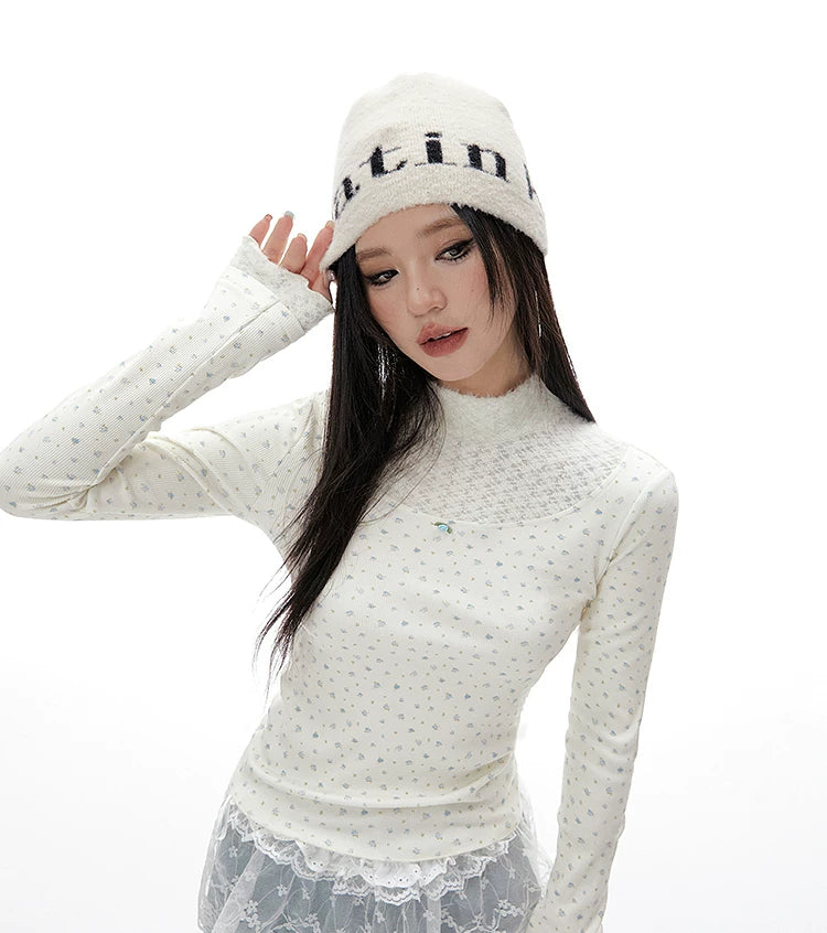 Imone Floral Splicing Hollow Turtleneck Long Sleeve
