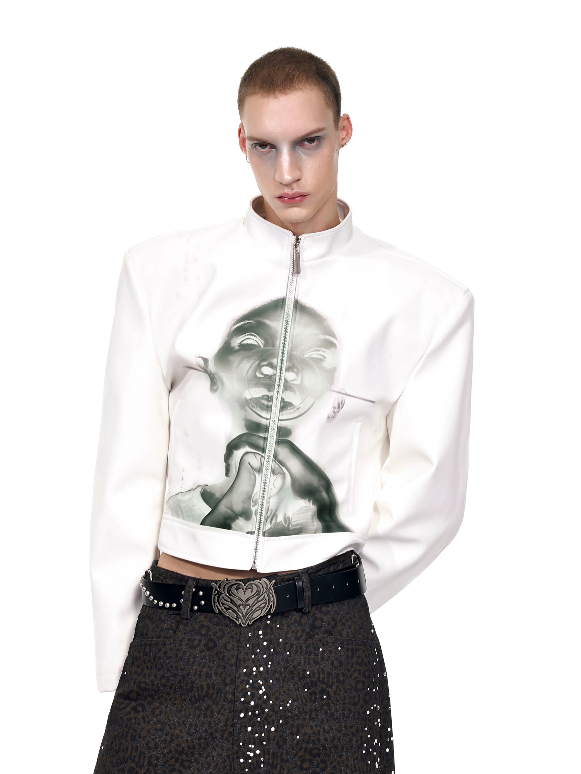 SEE Portrait Print Short Leather Jacket