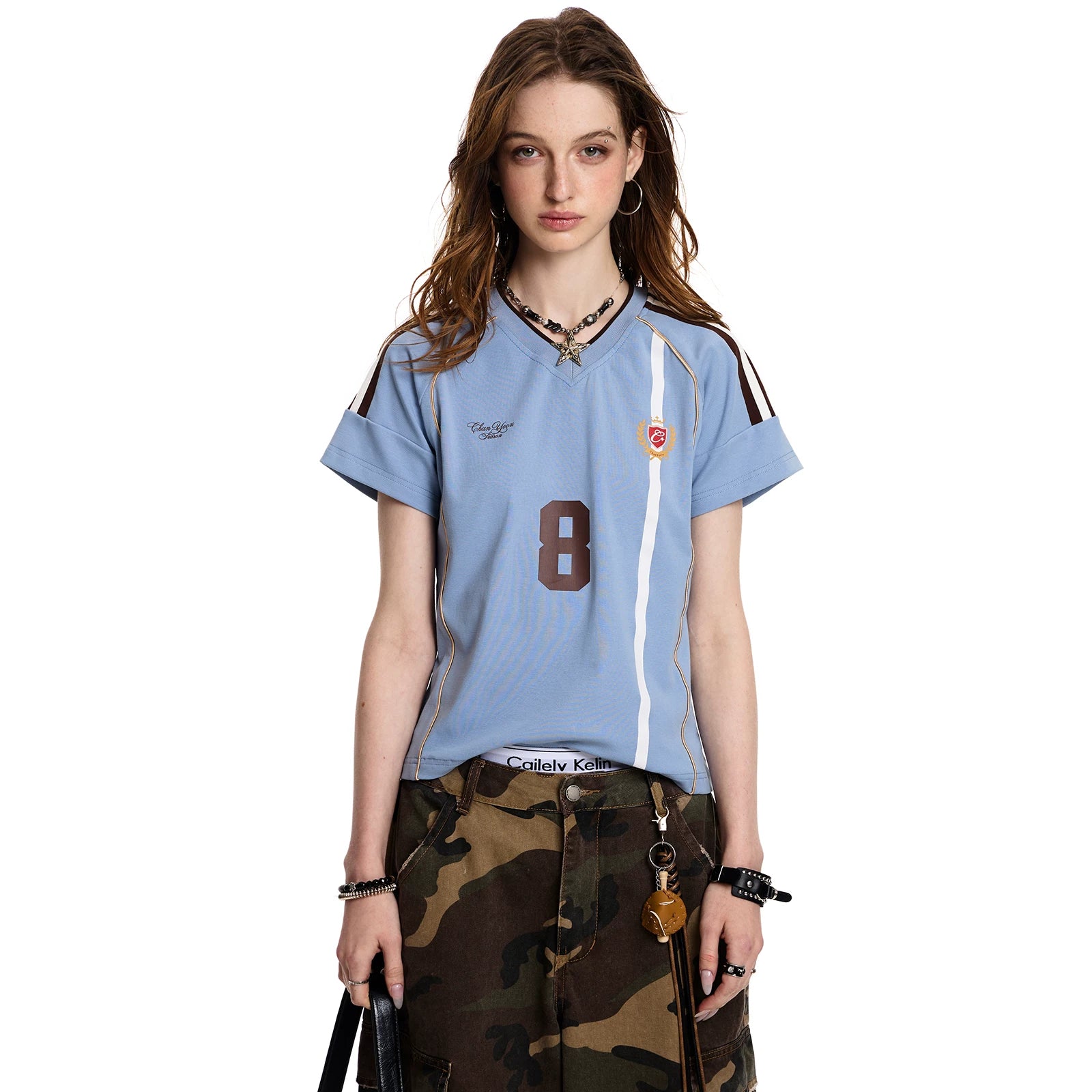 0123Start Vintage Striped V-neck Sports Tee