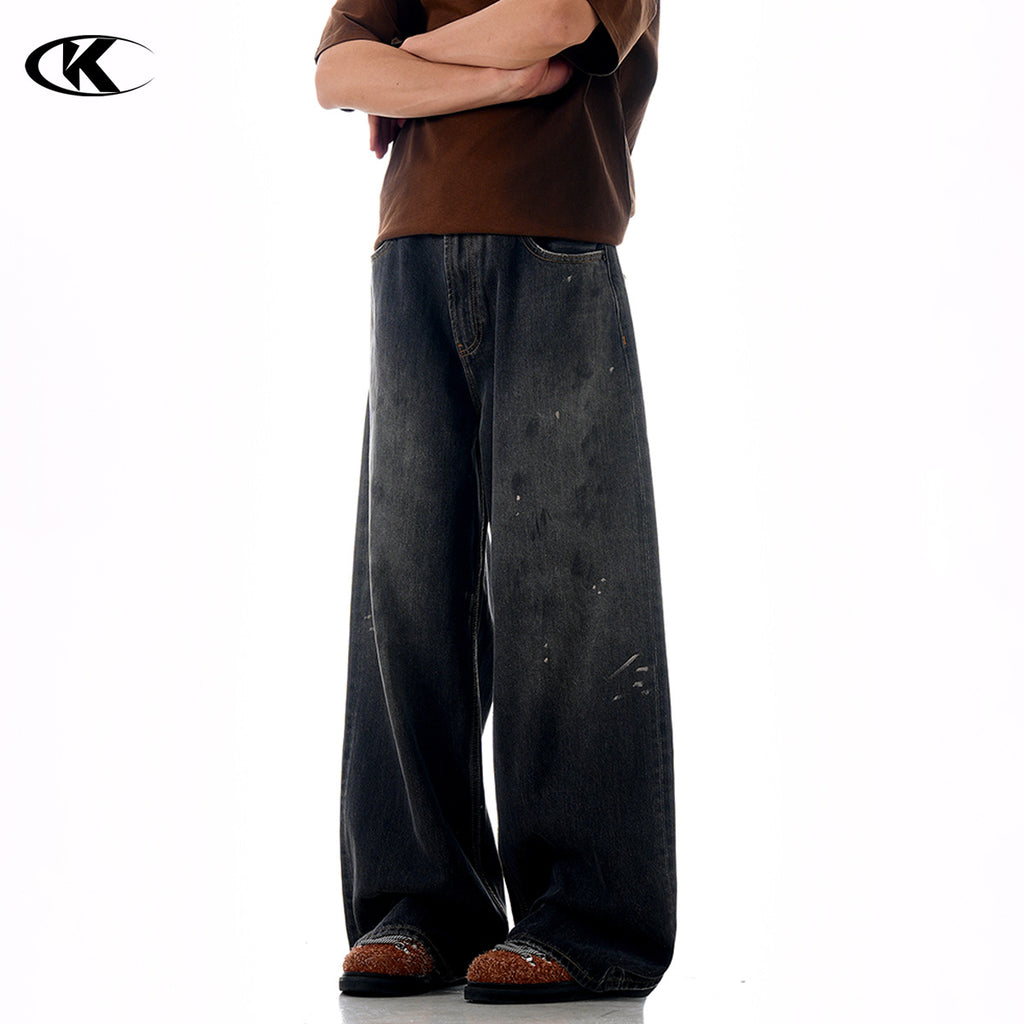 11KN High-grade Washed Retro Dirty Straight Ink-splashed Denim Jeans