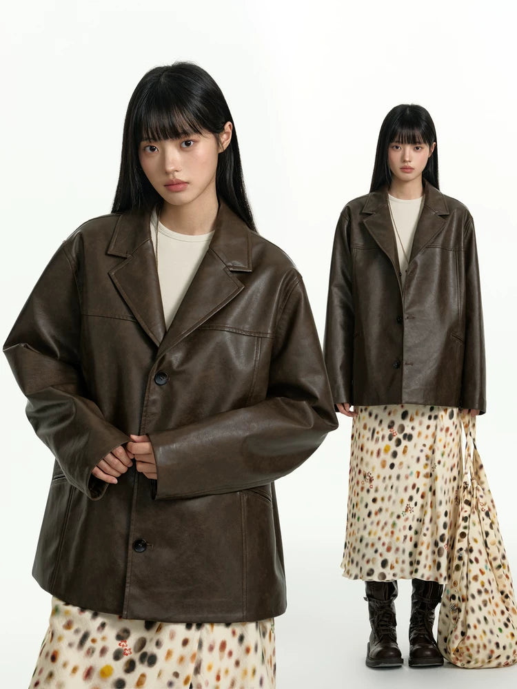 TGNS Vintage Pu Leather Lapel Jacket