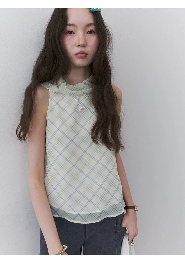 VOOE Contrasting Color Plaid Streamer Vest Shirt