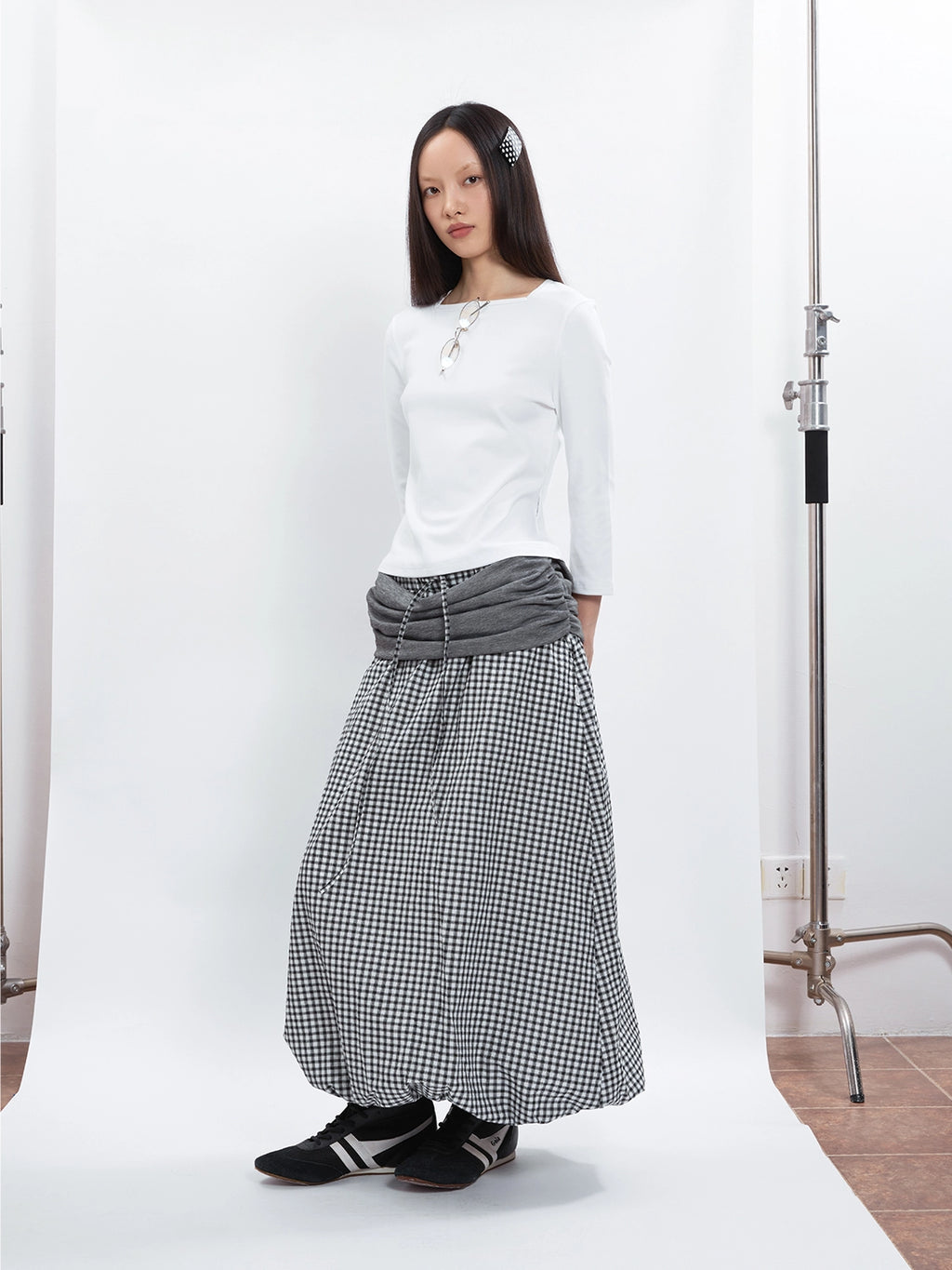 FUNKYFUN Splicing Pleated Plaid Pendulum Middle Skirt Bud Skirt