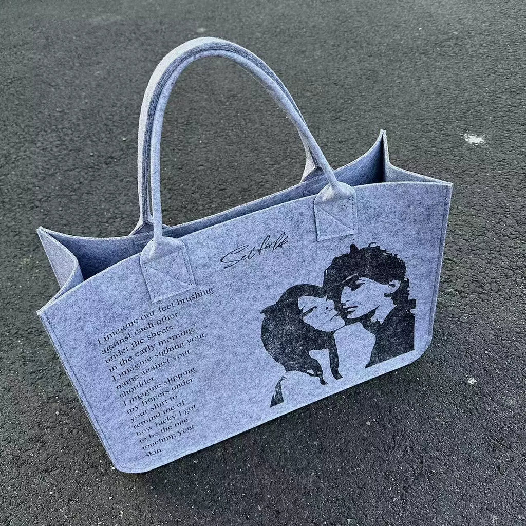 Set for Life Portrait Slogan Felt Tote Bag