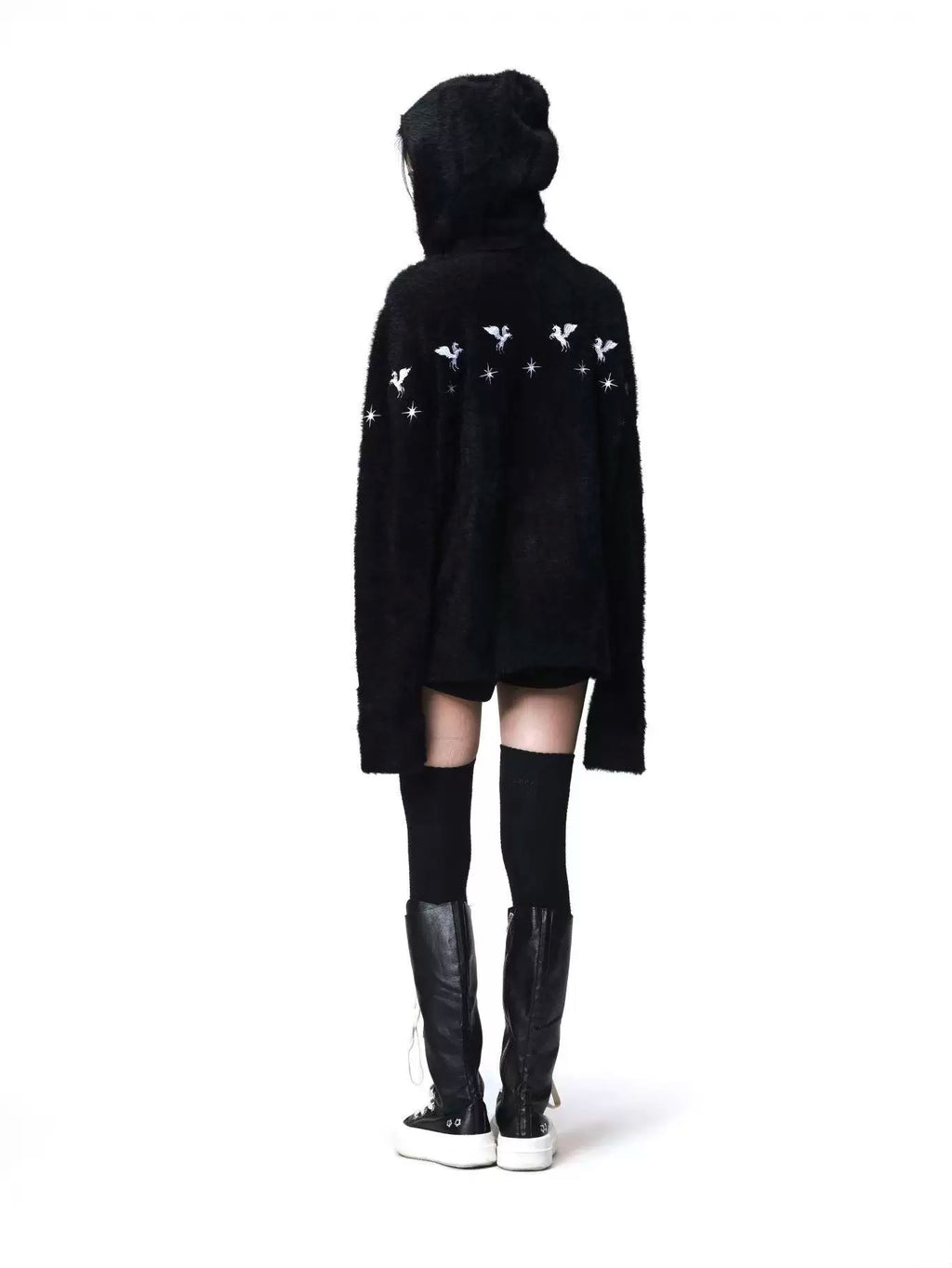 DETW Shoulder-down Zip Mohair Hooded Embroidered Jacket