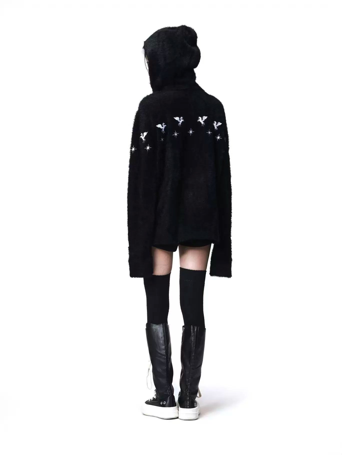 DETW Shoulder-down Zip Mohair Hooded Embroidered Jacket
