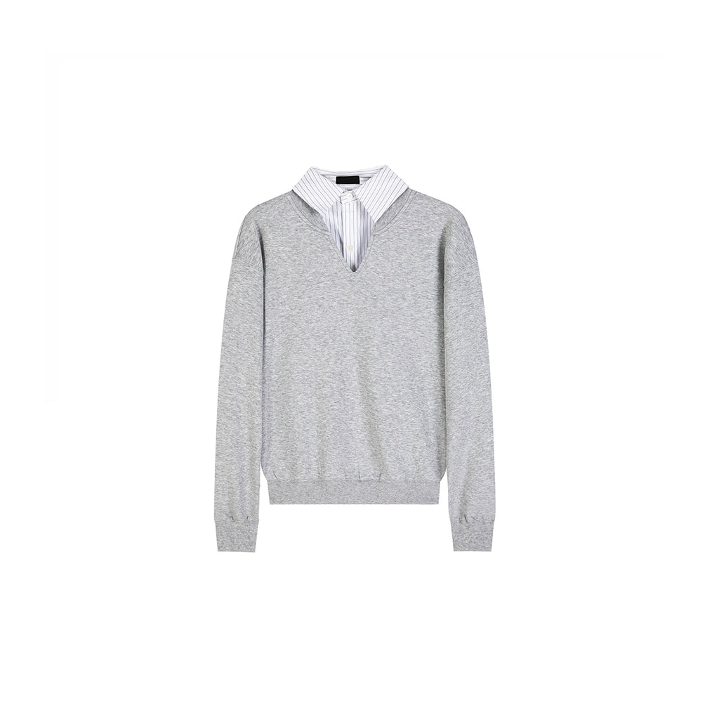 PLUS NO LOGO Fake Two-piece Striped V-neck Solid Color Sweater