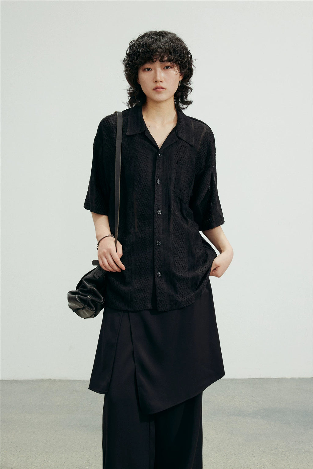 SUNYVONNE Rhombus Hollow Loose Short Sleeve Shirt
